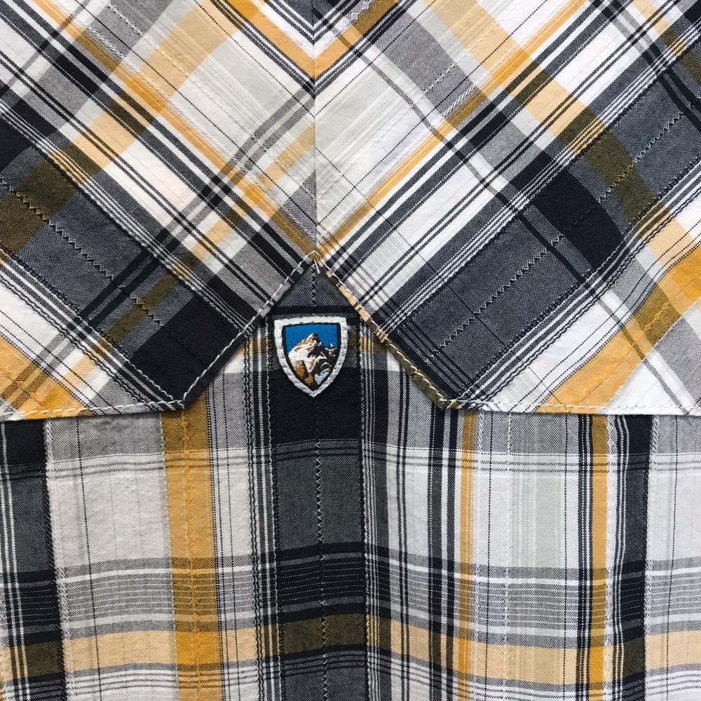 KUHL Shirt Mens Medium Black Yellow Plaid Button Up Short Sleeve Mountain Suncel - Picture 7 of 7